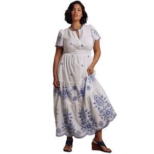 ANTHROPOLOGIE Boho Somerset White & Blue Eyelet Edition Maxi Dress